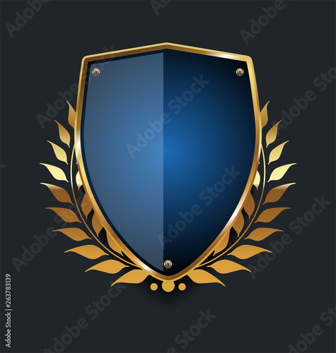 Golden shield and laurel wreath retro design 