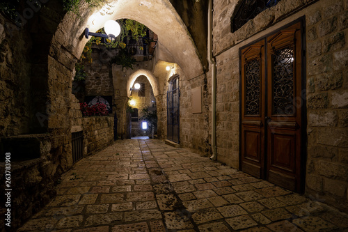 Night view in the alley ways at the Historic Old Port of Jaffa. Taken in Tel Aviv, Israel.