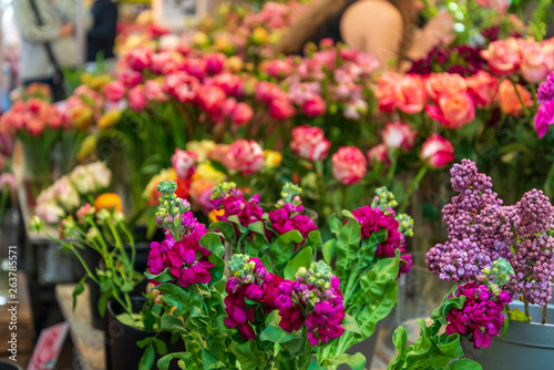 Selected focus on group of blooming red, purple, pink and yellow small flowers in vase sell and show at the flower shop at outdoor market.