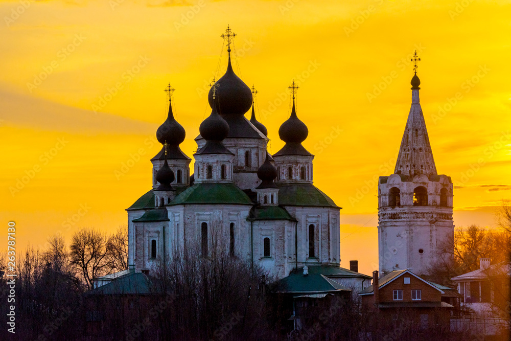 Historical Church, resurrection Cathedral in Starocherkassk. Sunset sky above the Church. Beautiful domes. 1706-1719