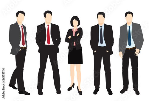 Men and woman standing. People at work. Buseness group. Vector characters, silhouette, flat icon, different colors,  isolated on white background