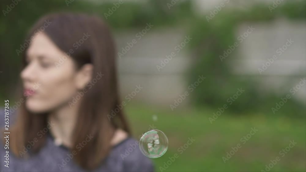 Beautiful Young Woman Making Soap Bubbles and Having Fun in the Park, Slow Motion Clip Beautiful Young Woman Making Soap Bubbles and Having Fun in the Park, Slow Motion Clip