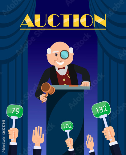 Old Man Auctioneer with Hammer Selling to Bidders.