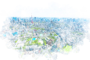 Fotobehang Aquarelschilderij wolkenkrabber  Tokio skyline in aquarelstijl  © kurosuke