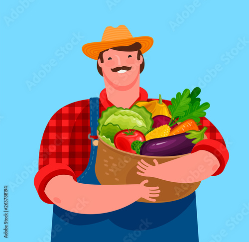 Farmer holding basket of fresh vegetables. Agriculture, cartoon vector illustration