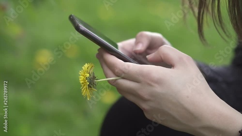 Young Woman Texting while Holding a Yellow Flower at a Park, Spring Time, Slow Motion Clip