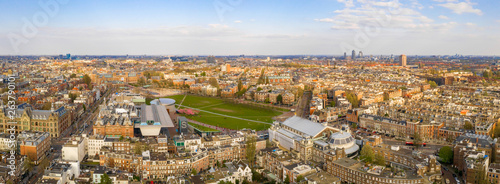 Aerial view of the Van Gogh Museum in Amsterdam by the beautiful  Vondelpark. View from above.