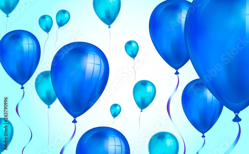 Glossy blue color Flying helium Balloons backdrop with blur effect. Wedding, Birthday and Anniversary Background. Vector illustration for invitation card, party brochure, banner