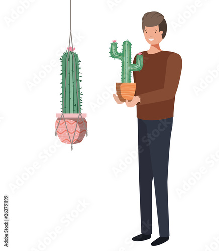 man with cactus in macrame hangers