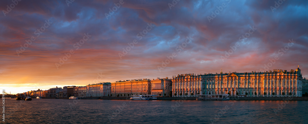 Dawn on the Palace embankment in St. Petersburg (Russia)