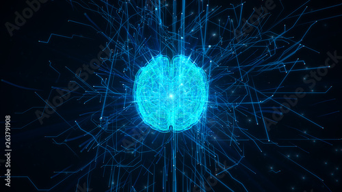 Fotografía Digital brain illustration with futuristic background; concept of artificial intelligence singularity, machine learning, ai, deep learning blockchain neural network concept