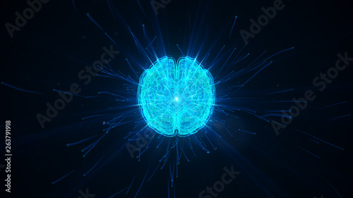 Digital brain illustration with futuristic background; concept of artificial intelligence singularity, machine learning, ai, deep learning blockchain neural network concept.