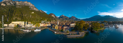 Riva del Garda,Lago di Garda ,Italy - 24 October 2018: Arial Panorama of the gorgeous Garda lake surrounded by mountains in the in the autumn,View of the beautiful Riva del Garda town and Garda lake