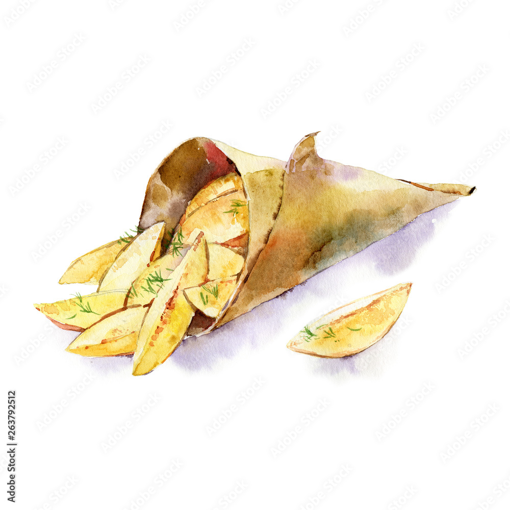 Fototapeta premium Baked Potato watercolor illustration isolated on white background. Homemade organic vegan snack. Potato chips in the craft bag. Eco friendly fast food.
