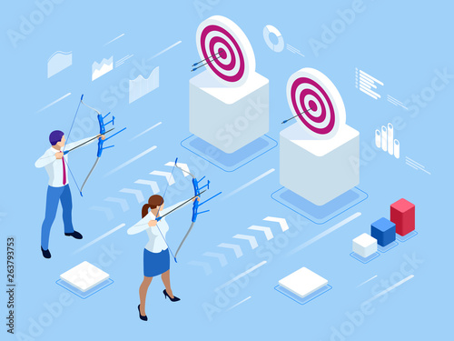 Isometric Businessman and Businesswoman shooting a bow and arrow. Success. Arrow hit the center of the target. Business target achievement concept.