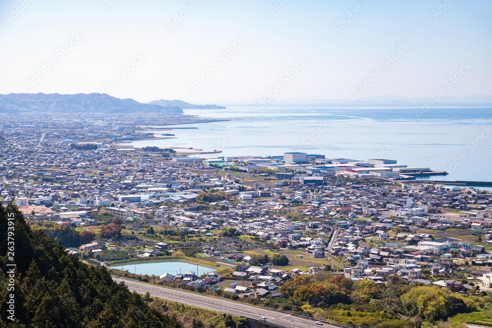 Cityscape of shikokuchuo city and coastline of the seto inland sea ,Shikoku,Japan