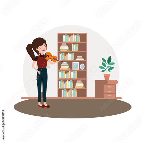 woman with fiddle in living room avatar character