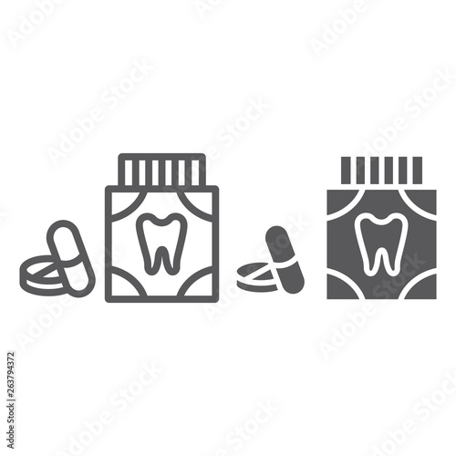 Toothache painkiller tablets line and glyph icon, stomatology and dental, dentistry pills sign, vector graphics, a linear pattern on a white background.