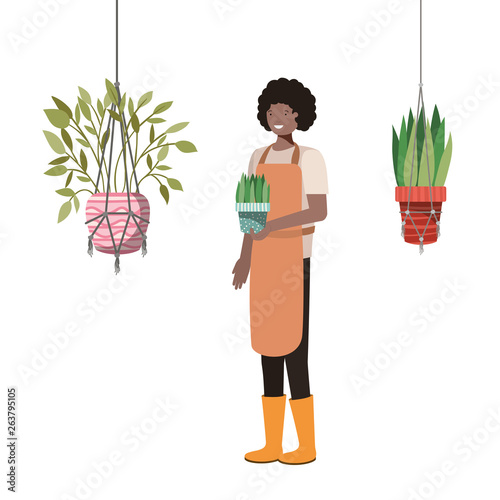 man with houseplant in macrame hangers