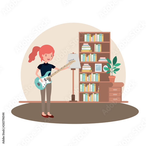 woman with electric guitar in living room avatar character