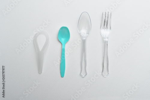 plastic spoon and fork for eating food waste and pollution garbage for environment on white background