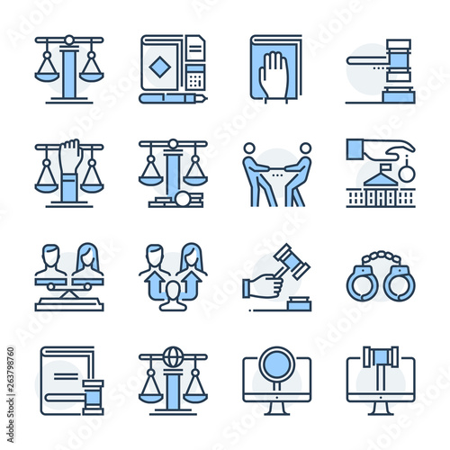 Law theme icon set. The set is vector, colored and created on 64x64 grids.