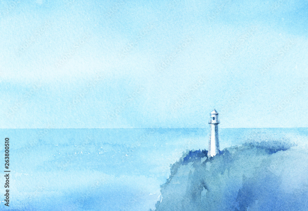 空 海 灯台 地平線 水彩画 Stock イラスト Adobe Stock