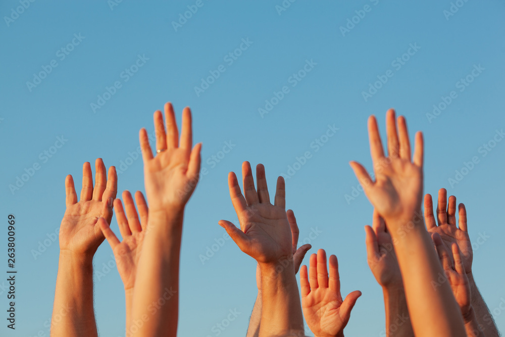 Ten raised up sunlit adult hands on the blue sky background