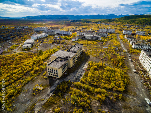 aerial view of The ghost town Kadykchan, Kolyma, Magadan region photo