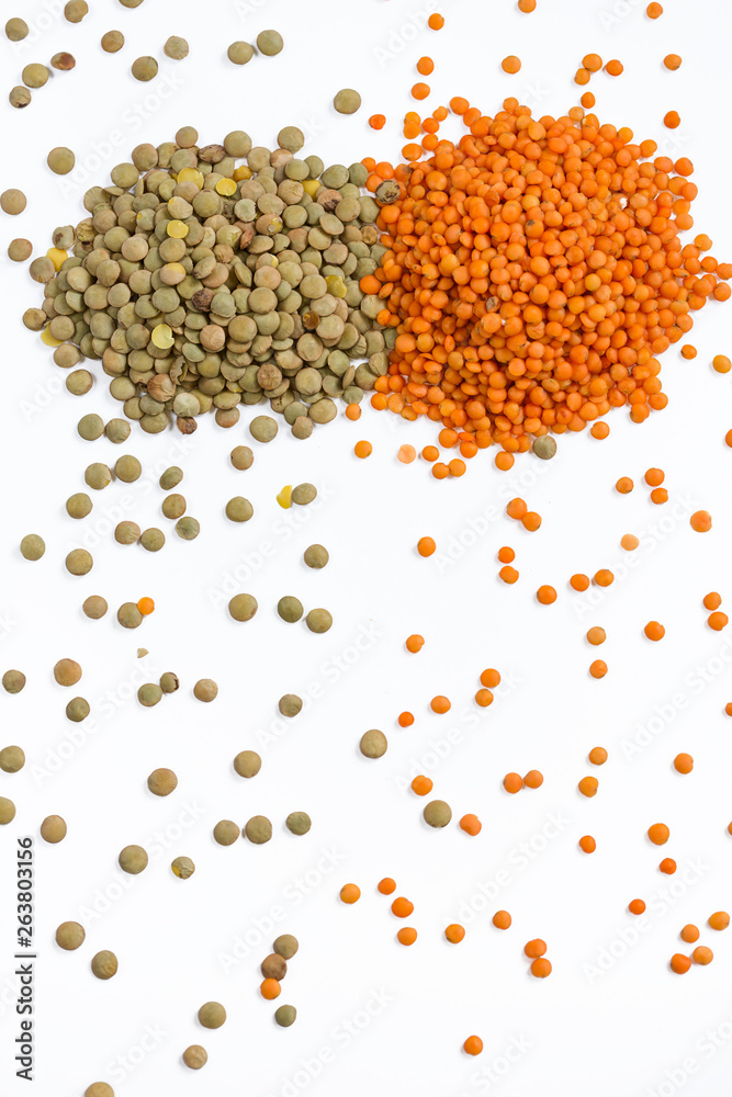 Red and green lentils pile Red and green lentils pile