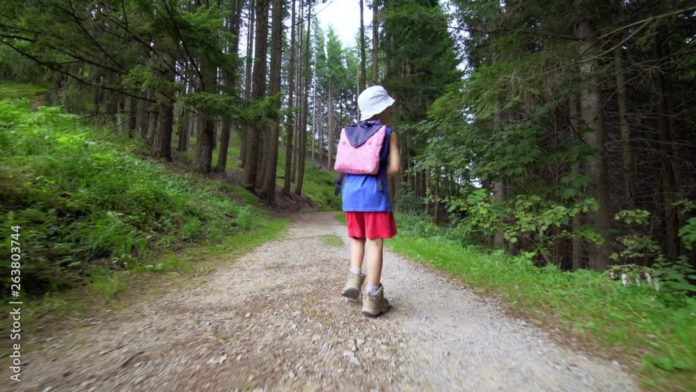 Child walking toward a forest Child walking toward a forest