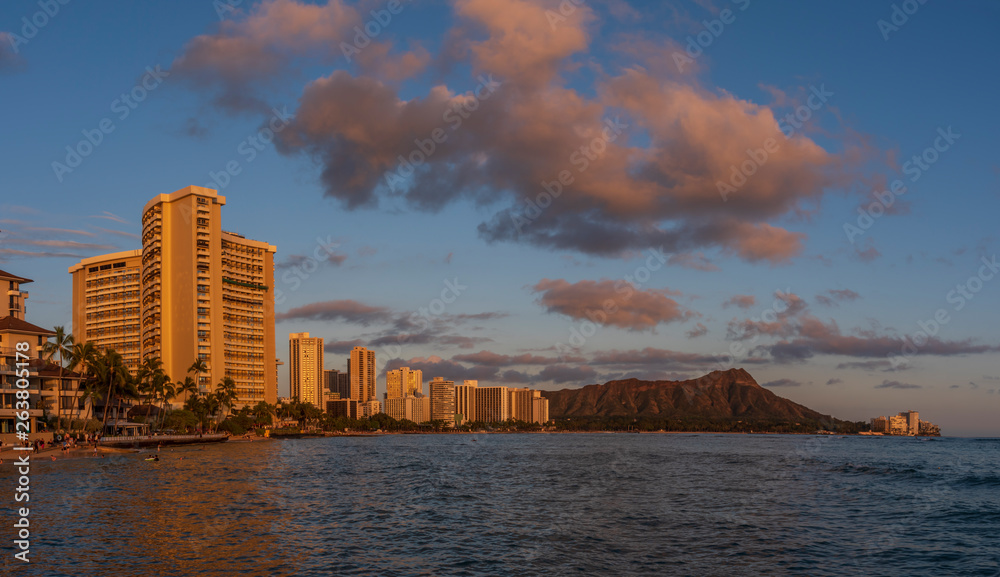 Panoram of Waikiki Beach at sunset in Honolulu, Hawaii