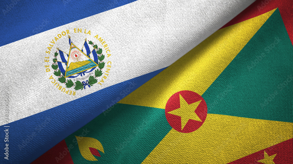 Fototapeta premium El Salvador and Grenada two flags textile cloth, fabric texture