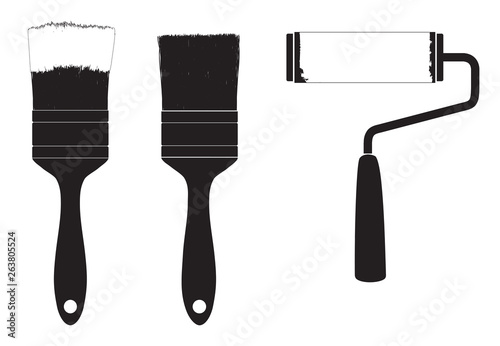 Silhouette of  brush for paint and roller for paint.
