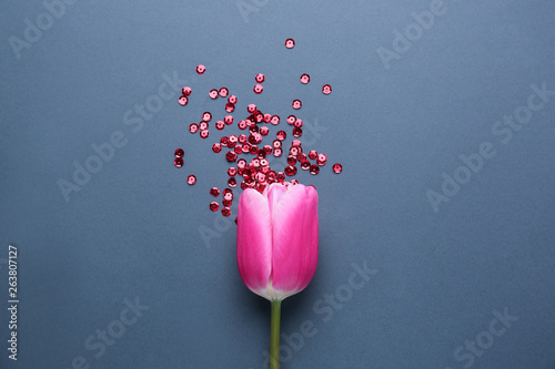 Tulip and red sequins on grey background. Menstruation concept photo