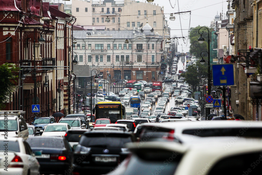 Road traffic of the city of Vladivostok. Traffic jam on the main street of Vladivostok - Svetlanskaya.