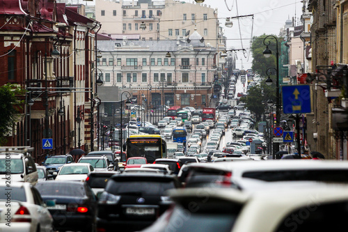 Road traffic of the city of Vladivostok. Traffic jam on the main street of Vladivostok - Svetlanskaya. © alexhitrov