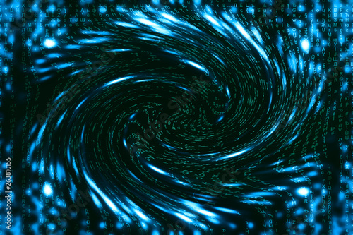 Blue green matrix digital background. Distorted cyberspace concept. Green characters fall down in wormhole. Hacked matrix. Virtual reality design. Complex algorithm data hacking. Cyan digital sparks.