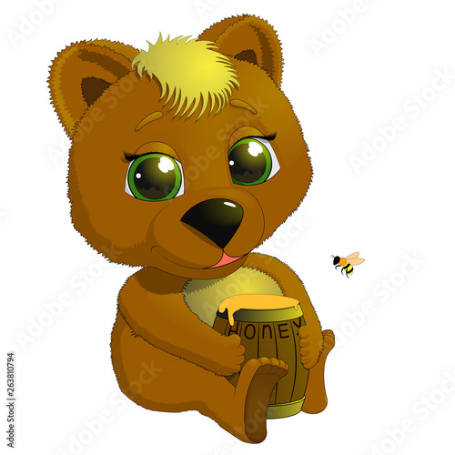 cute bear cub with a barrel of honey photo