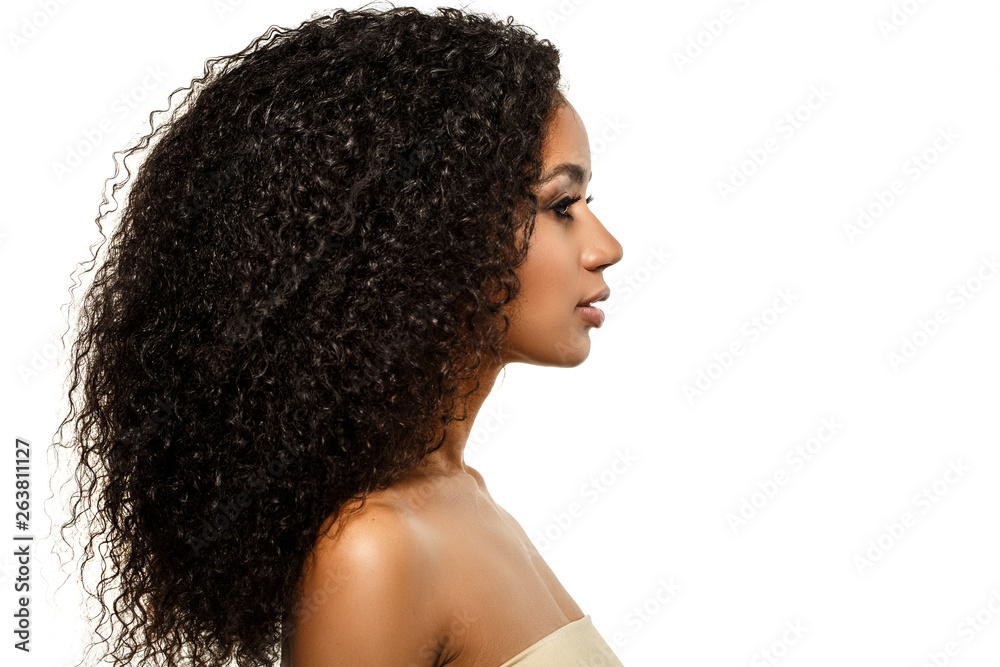 Beauty black skin woman African Ethnic female face. Young african american  model with long afro hair. Lux model in profile Stock Photo | Adobe Stock