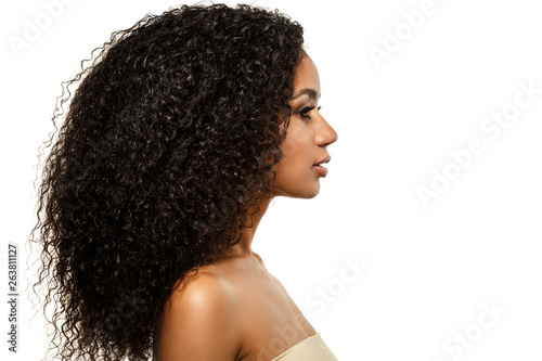 Beauty black skin woman African Ethnic female face. Young african american model with long afro hair. Lux model in profile