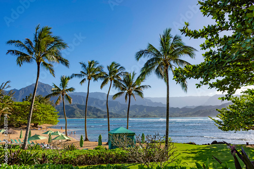 Beach at a resort at Hanalei Bay and the Na Pali coast Princeville Kauai Hawaii USA
