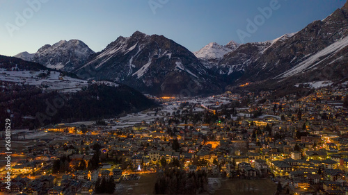 View of Bormio from the top (Italian Alps) at sunset