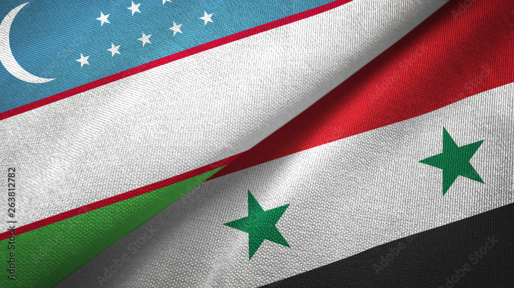 Uzbekistan and Syria two flags textile cloth, fabric texture Uzbekistan and Syria two flags textile cloth, fabric texture