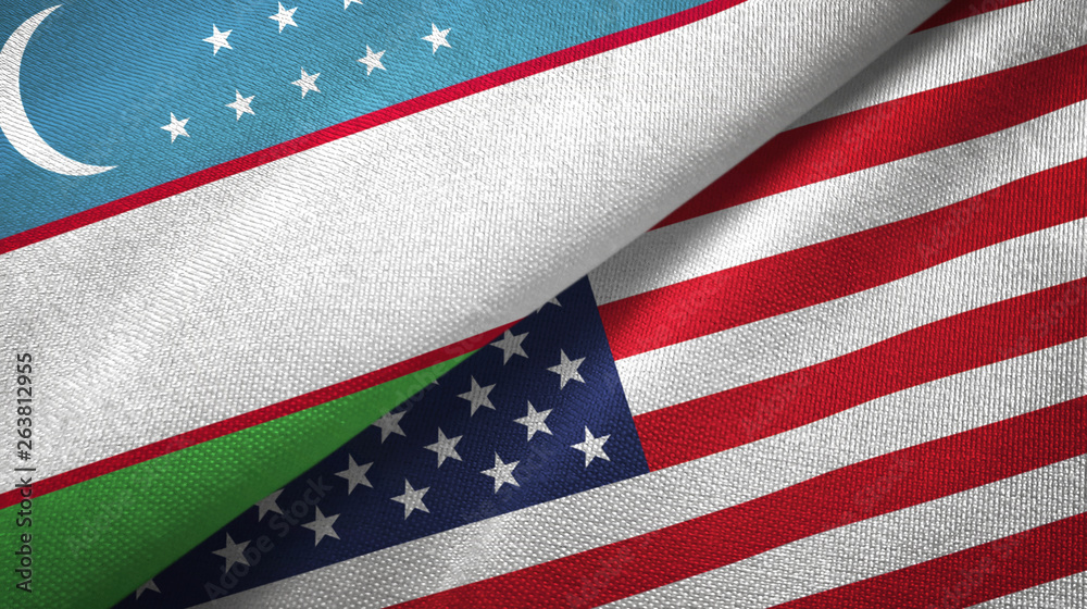 Fototapeta premium Uzbekistan and United States two flags textile cloth, fabric texture