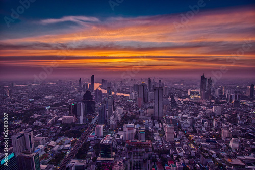 Romantic and colorful Sunset over the hazy Bangkok 