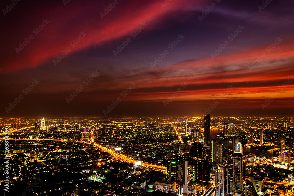 Amazing purple Sunset over the City Bangkok 
