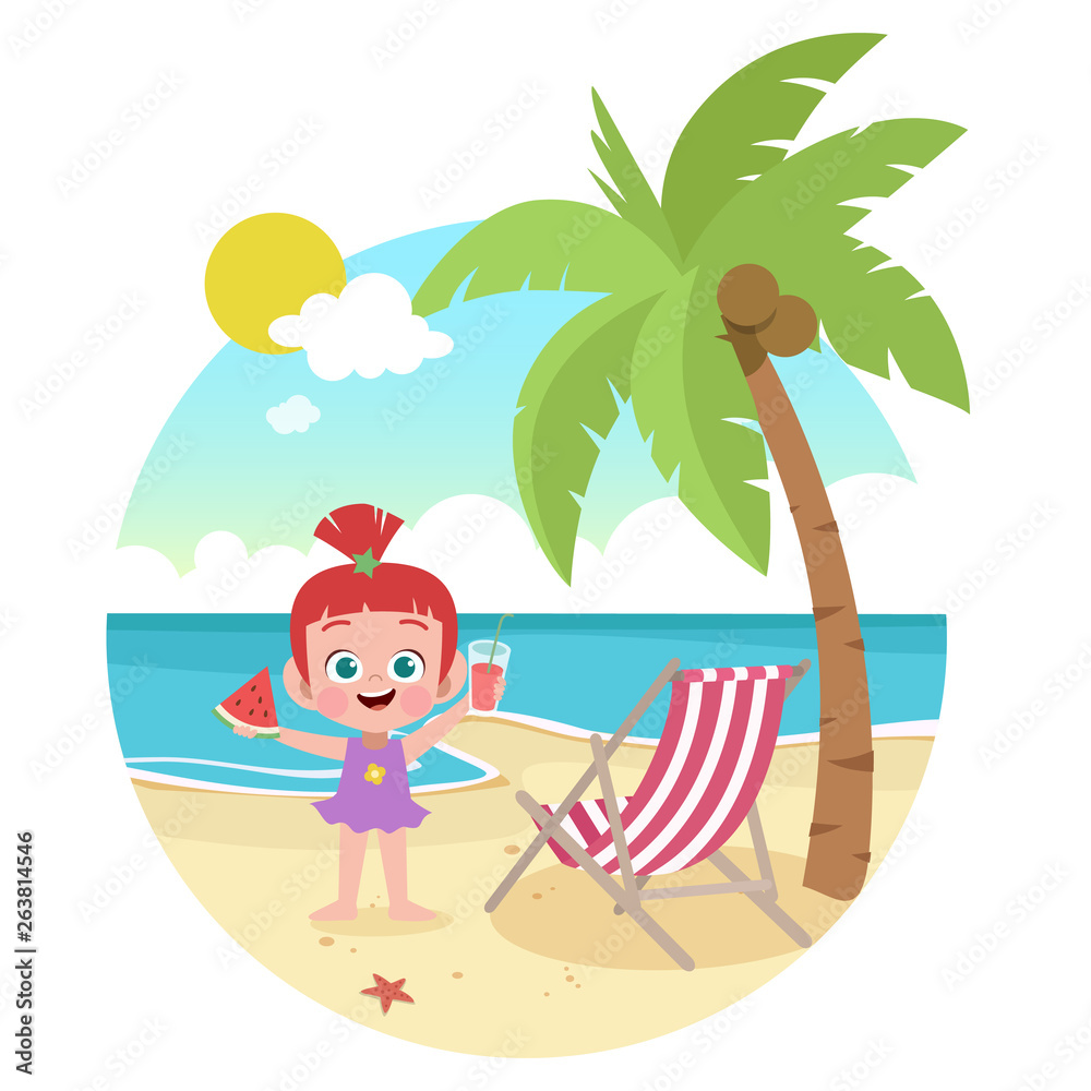 kid girl playing on the beach vector illustration