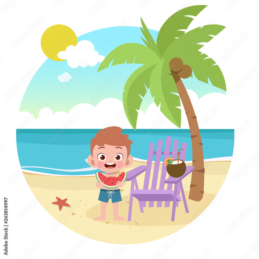 Fototapeta premium kid boy playing on beach vector illustration
