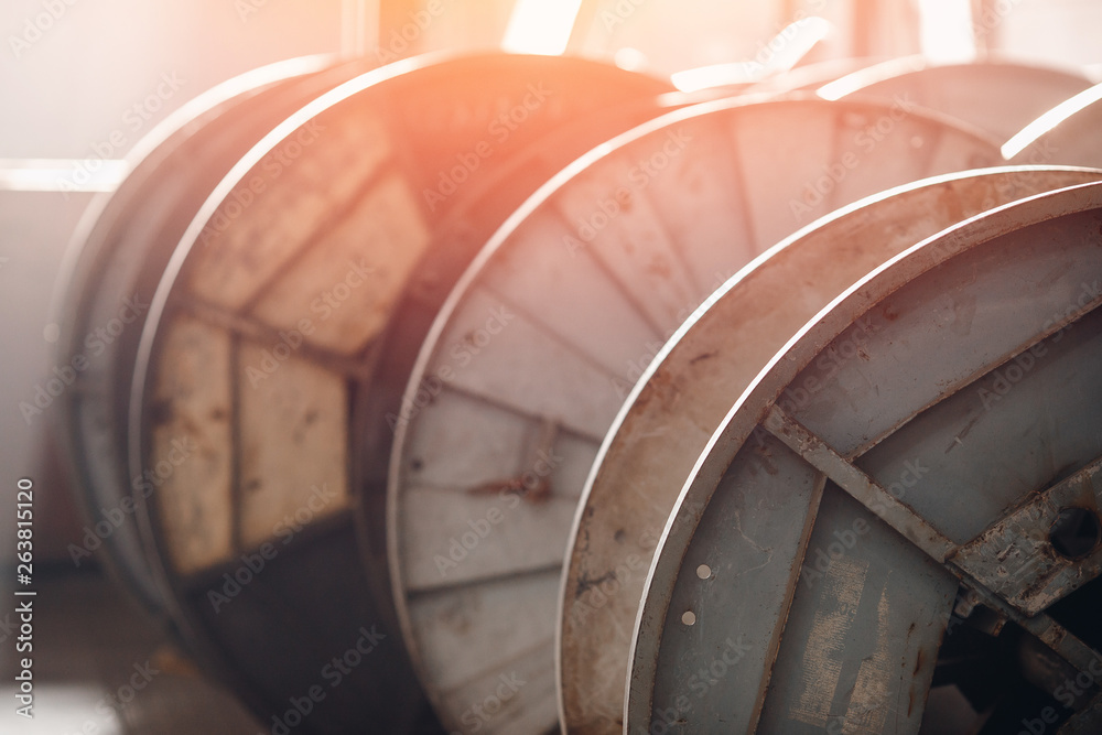 Production of copper wire, bronze cable in reels at factory Production of copper wire, bronze cable in reels at factory